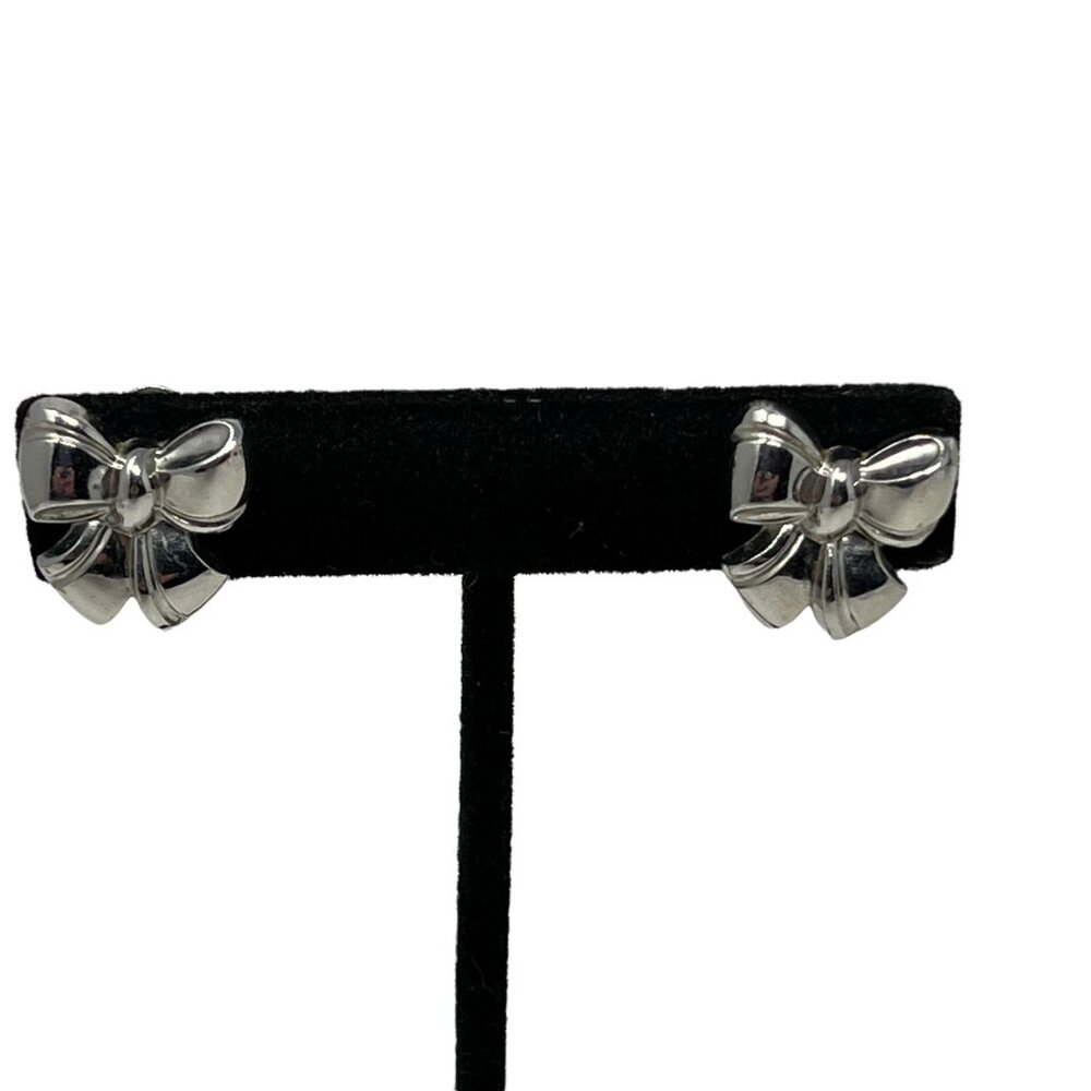 Vintage Earrings‎ Bow Stone Silver Tone Screw On Earrings